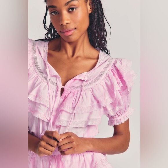 LoveShackFancy Liv Tie Dye Pink Lace Ruffle Mini Dress, Size Large - Picture 2 of 12